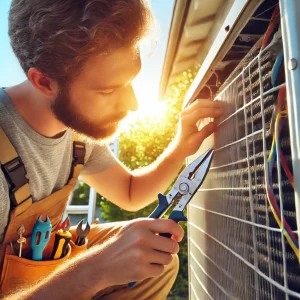 HVAC technician adjusting the outdoor air conditioner unit during a tune-up.