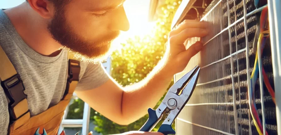 HVAC technician adjusting the outdoor air conditioner unit during a tune-up.