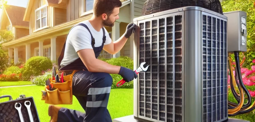 HVAC technician performing spring maintenance on an outdoor air conditioning unit at a suburban home.