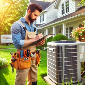 HVAC technician checking an outdoor air conditioning unit on a sunny spring day, using tools to inspect the system.