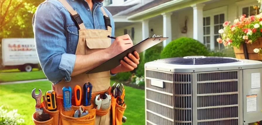 HVAC technician checking an outdoor air conditioning unit on a sunny spring day, using tools to inspect the system.