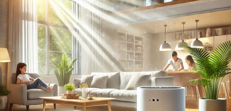 A bright, clean living room with fresh air flowing through open windows, a modern air purifier, and houseplants, symbolizing improved indoor air quality.