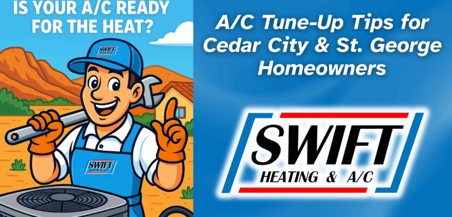 Cartoon HVAC technician with a wrench beside an A/C unit and mountains in the background, promoting Swift Heating & A/C's tune-up services for Cedar City and St. George homeowners.