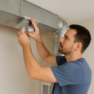 Homeowner sealing air duct during HVAC service to improve efficiency