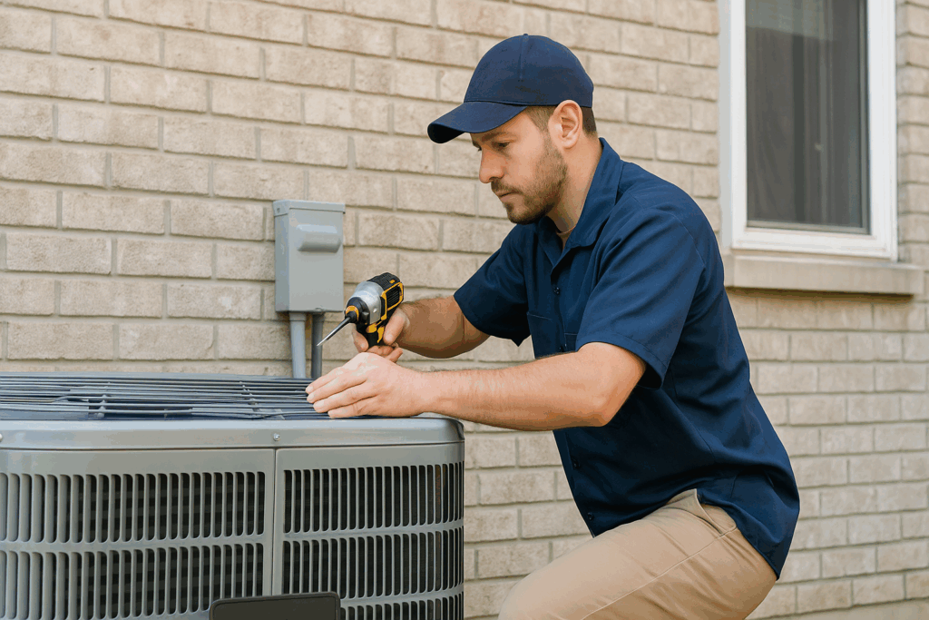Technician performing air conditioner installation St George home