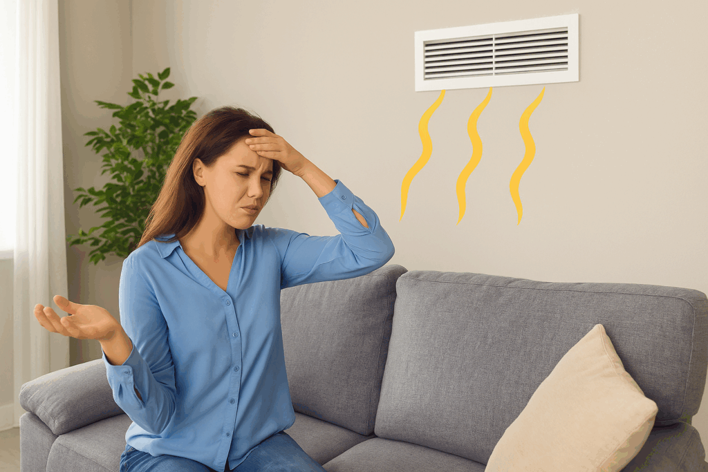 Frustrated woman sitting under a weak AC vent with poor airflow in Cedar City home
