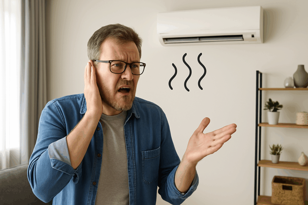 Frustrated man reacting to strange noises from wall-mounted AC unit in Cedar City home