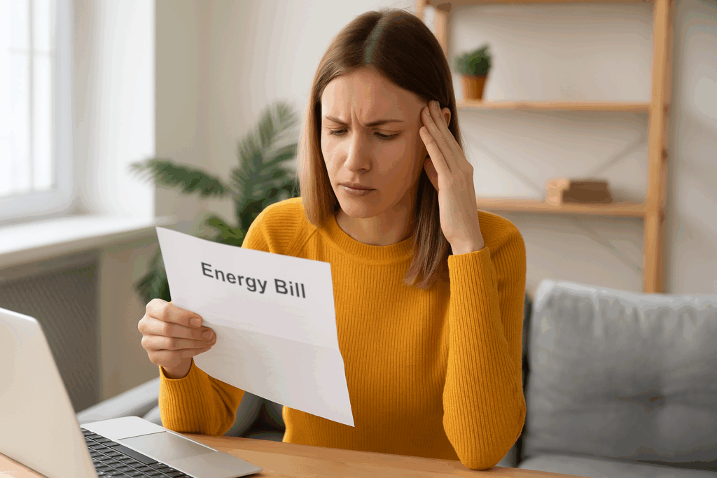 Concerned woman reviewing a high energy bill at home in Cedar City