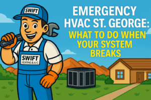 Swift Heating & A/C mascot standing by HVAC unit with blog title “Emergency HVAC St. George: What to Do When Your System Breaks”