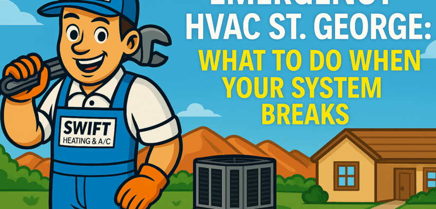 Swift Heating & A/C mascot standing by HVAC unit with blog title “Emergency HVAC St. George: What to Do When Your System Breaks”