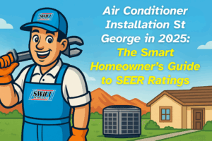 Swift technician standing next to an A/C unit and home, promoting air conditioner installation St George in 2025 with smart energy savings
