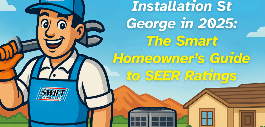 Swift technician standing next to an A/C unit and home, promoting air conditioner installation St George in 2025 with smart energy savings