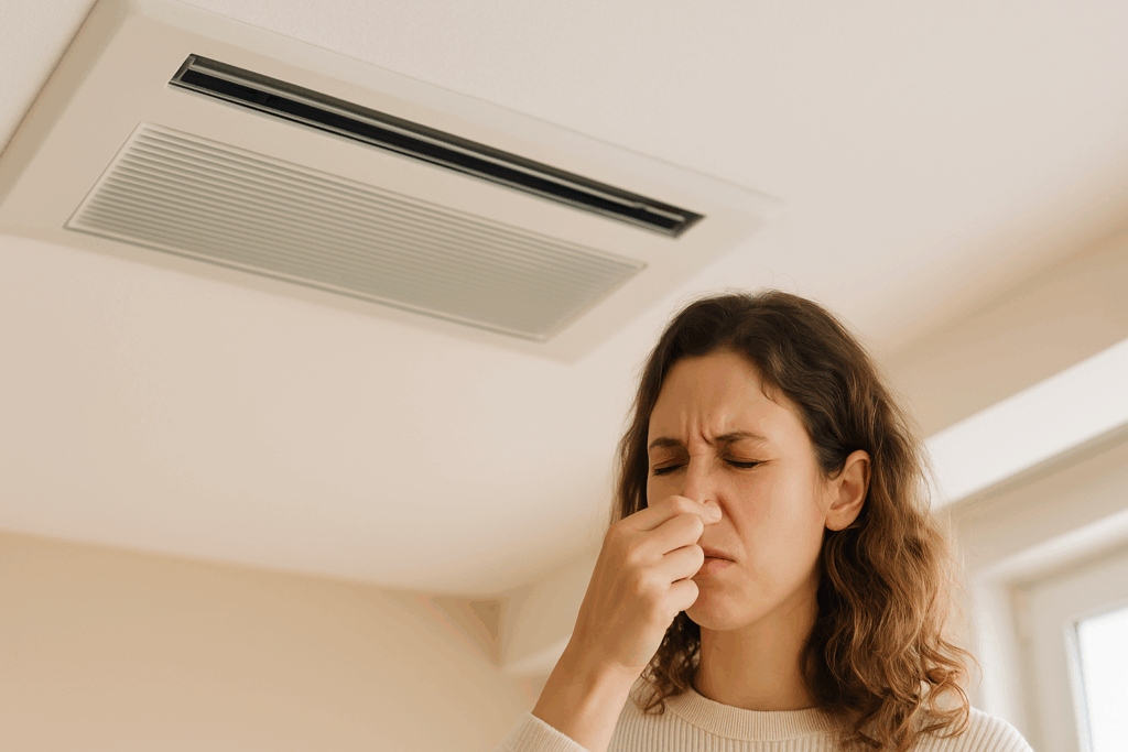 Woman reacting to bad smell from ceiling AC vent in Cedar City home