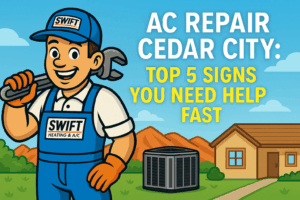 Cartoon HVAC technician promoting AC repair Cedar City blog about top 5 warning signs