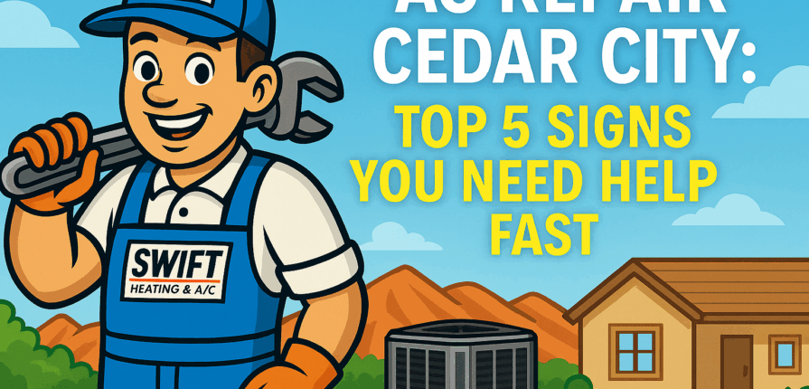 Cartoon HVAC technician promoting AC repair Cedar City blog about top 5 warning signs