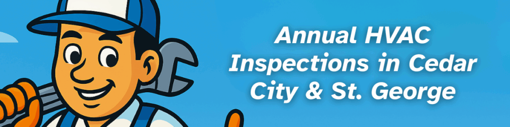 Cartoon HVAC technician with wrench promoting annual HVAC inspections in Cedar City and St. George