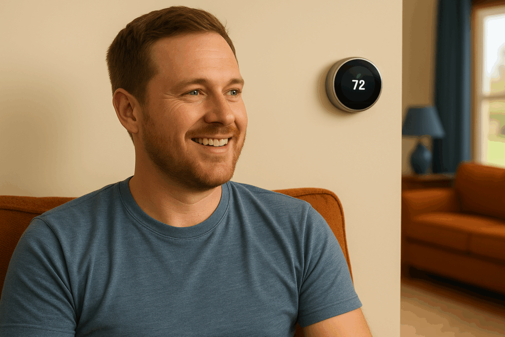 Smiling Southern Utah homeowner relaxing at home with smart thermostat in background
