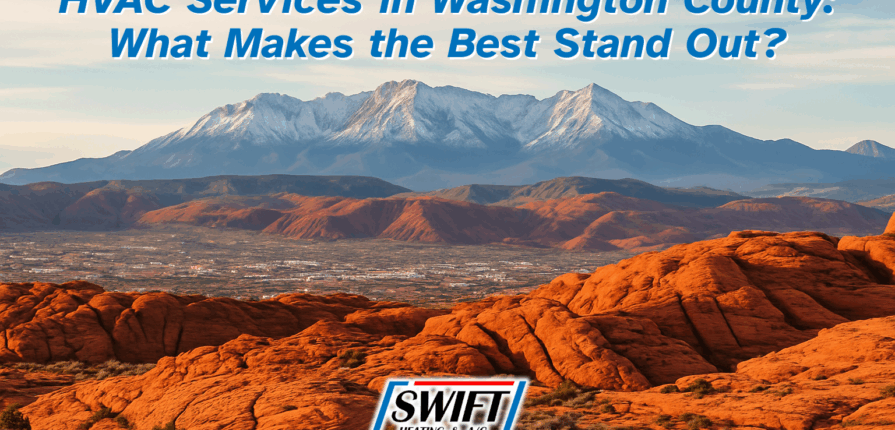 HVAC Washington County Utah with red rock landscape and Swift Heating & A/C logo