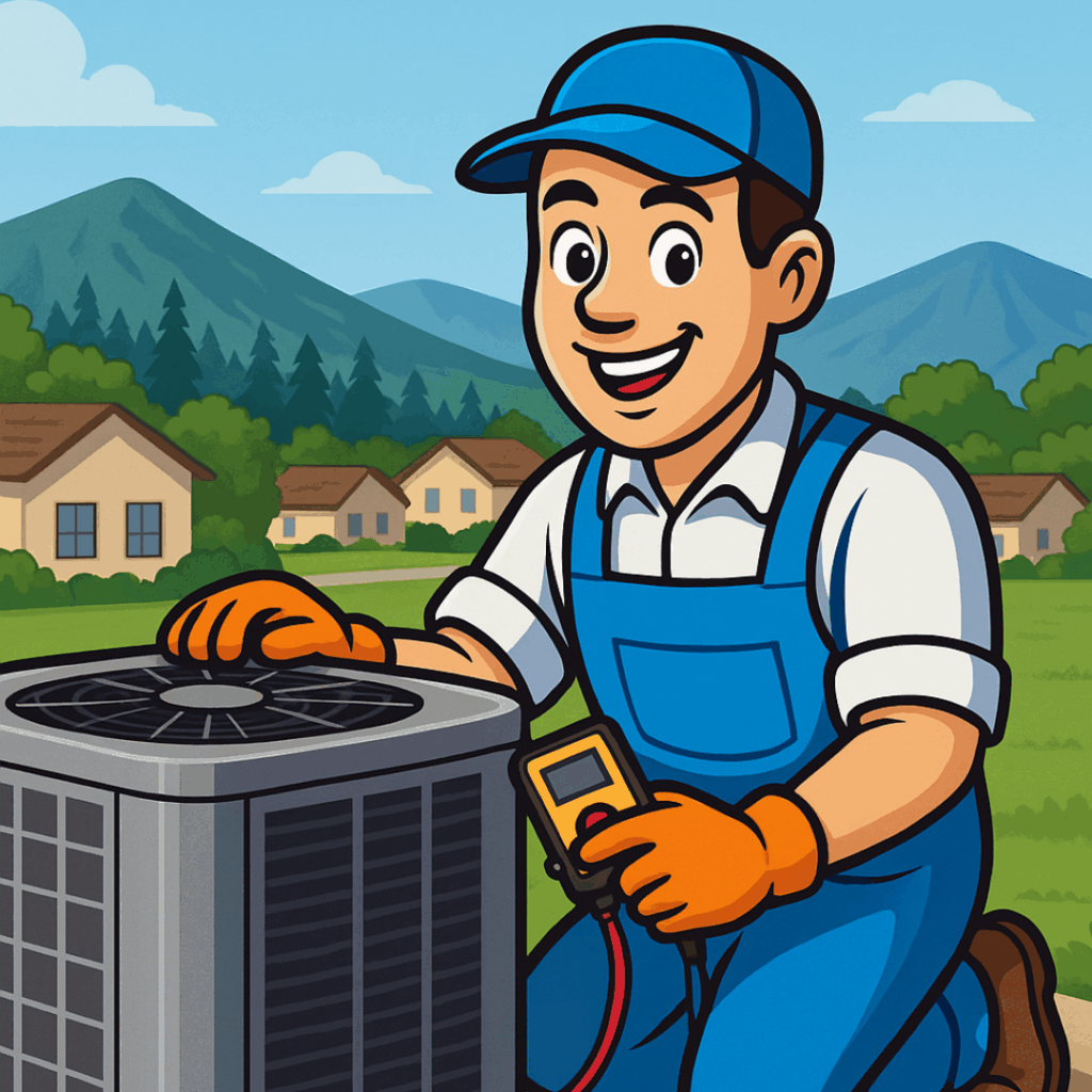 HVAC technician performing maintenance on an outdoor air conditioning unit in Southern Utah neighborhood