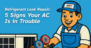 Cartoon HVAC technician performing refrigerant leak repair next to AC unit – Swift Heating & A/C
