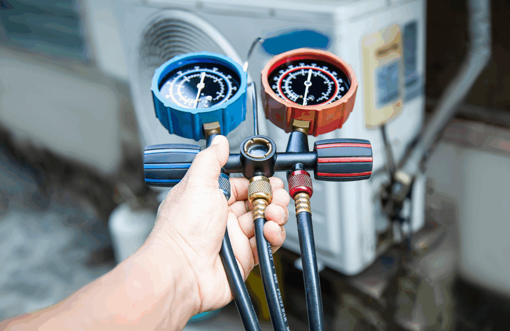 Technician holding AC refrigerant gauge during refrigerant leak repair
