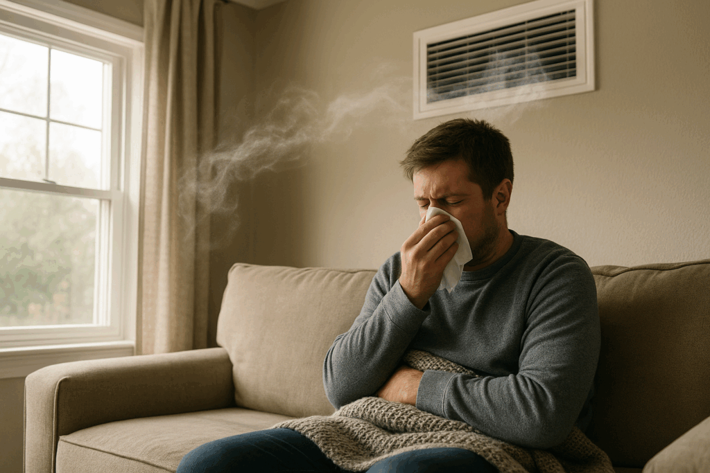 Sick homeowner sitting on couch with dust blowing from AC vent in St. George home - air duct cleaning st george