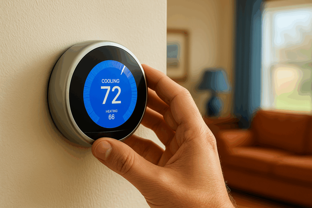 Hand adjusting smart thermostat in Southern Utah home living room set to 72 degrees