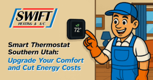 Technician adjusting smart thermostat in a Southern Utah home with Swift Heating & A/C branding