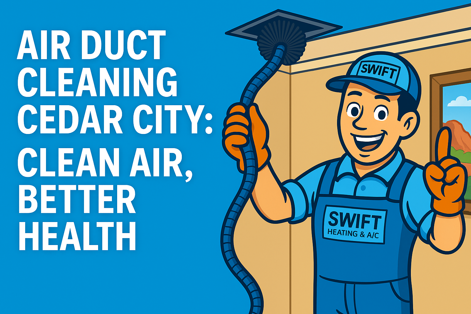 Cartoon HVAC technician performing air duct cleaning in Cedar City home – Swift Heating & A/C