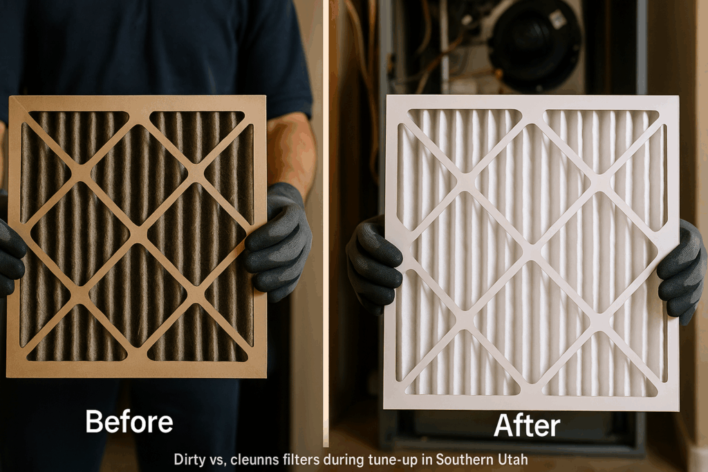 Dirty vs clean furnace filters during tune-up in Southern Utah home
