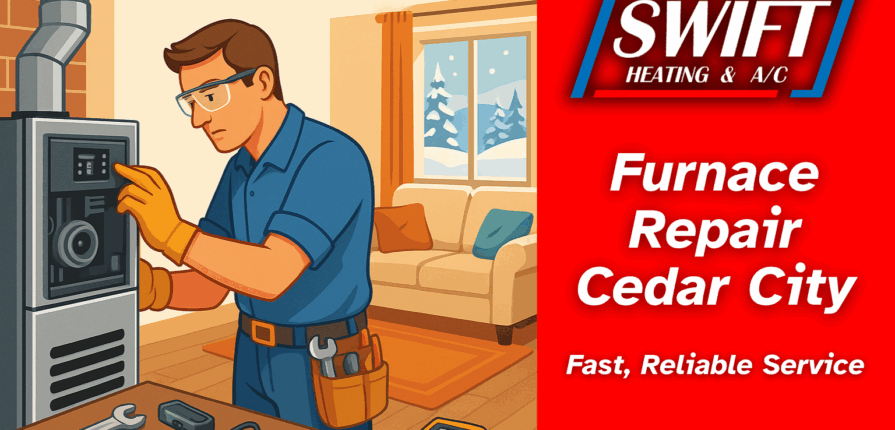 Technician performing furnace repair Cedar City home with tools laid out on a workbench.