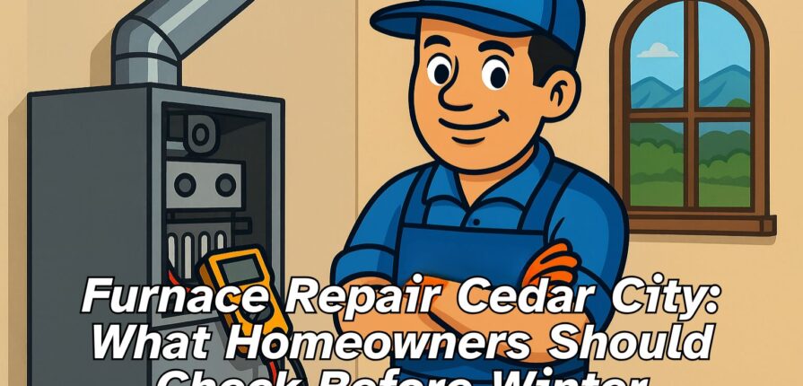 Swift Heating & A/C technician with arms crossed standing beside a furnace in a Cedar City home, symbolizing professional furnace repair Cedar City services. | furnace repair cedar city