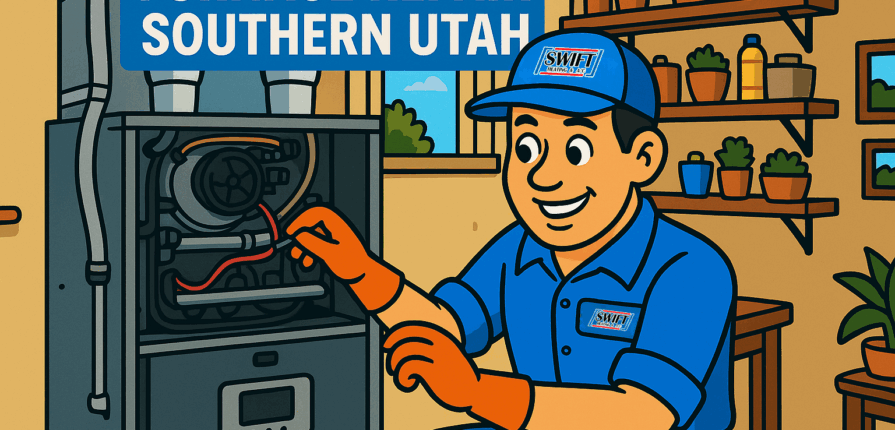 Cartoon illustration of a Swift Heating & A/C technician performing furnace repair in Southern Utah