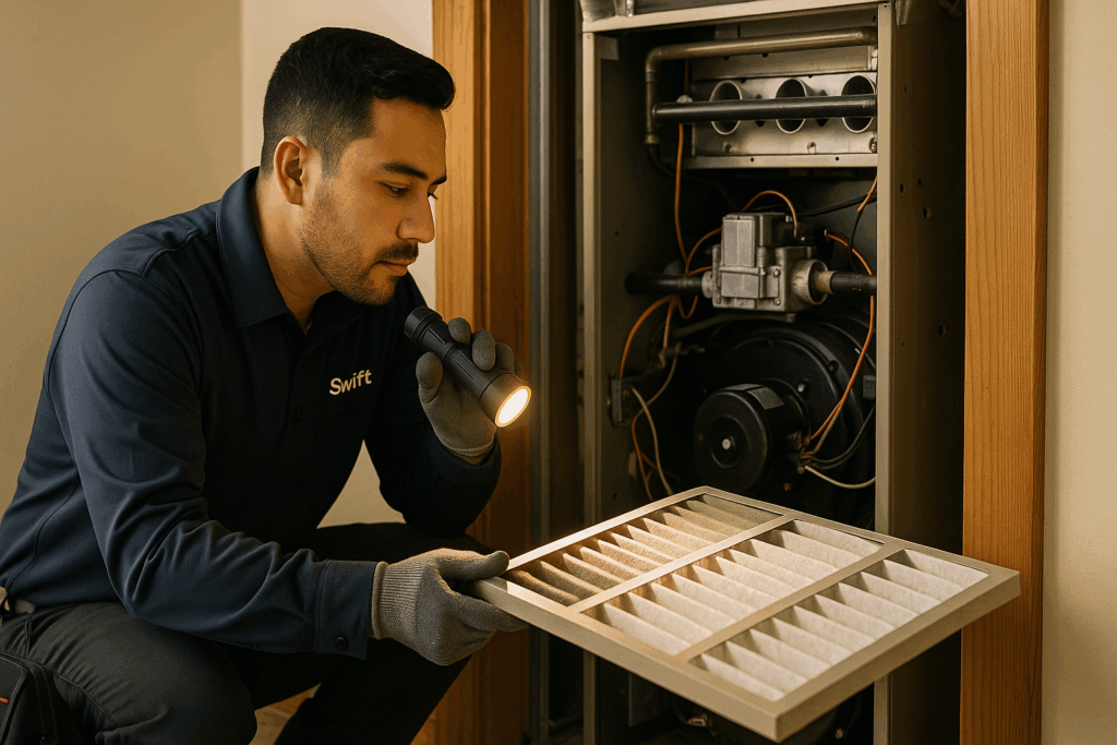 Swift Heating & A/C technician checking furnace filter in St. George home
