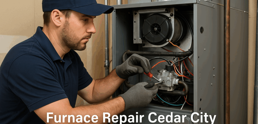 Technician performing furnace repair Cedar City
