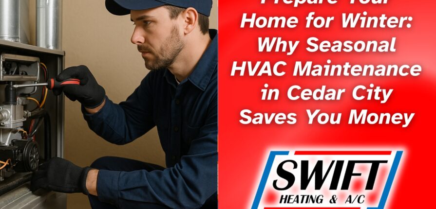 Technician performing seasonal HVAC maintenance in Cedar City home