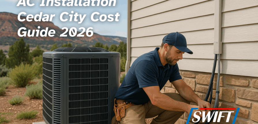 AC installation Cedar City technician setting outdoor condenser