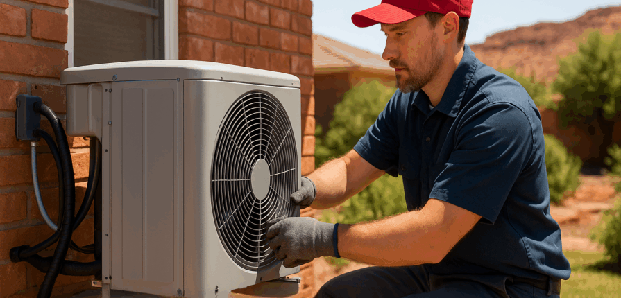 Technician completing heat pump installation St George home