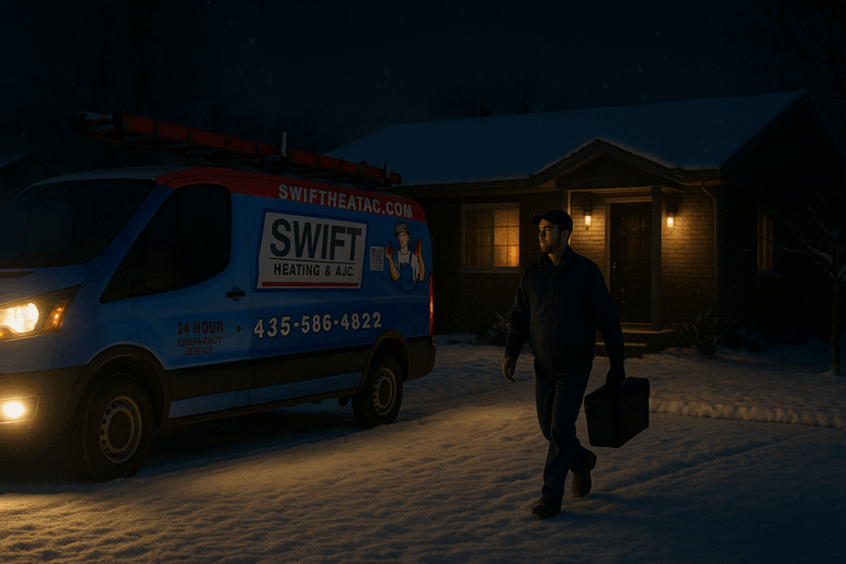 Swift Heating & A/C technician providing 24-hour emergency HVAC service in Cedar City at night, arriving in a branded van during snowy winter conditions.