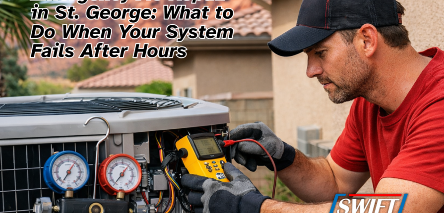 Emergency AC repair St. George technician servicing outdoor unit